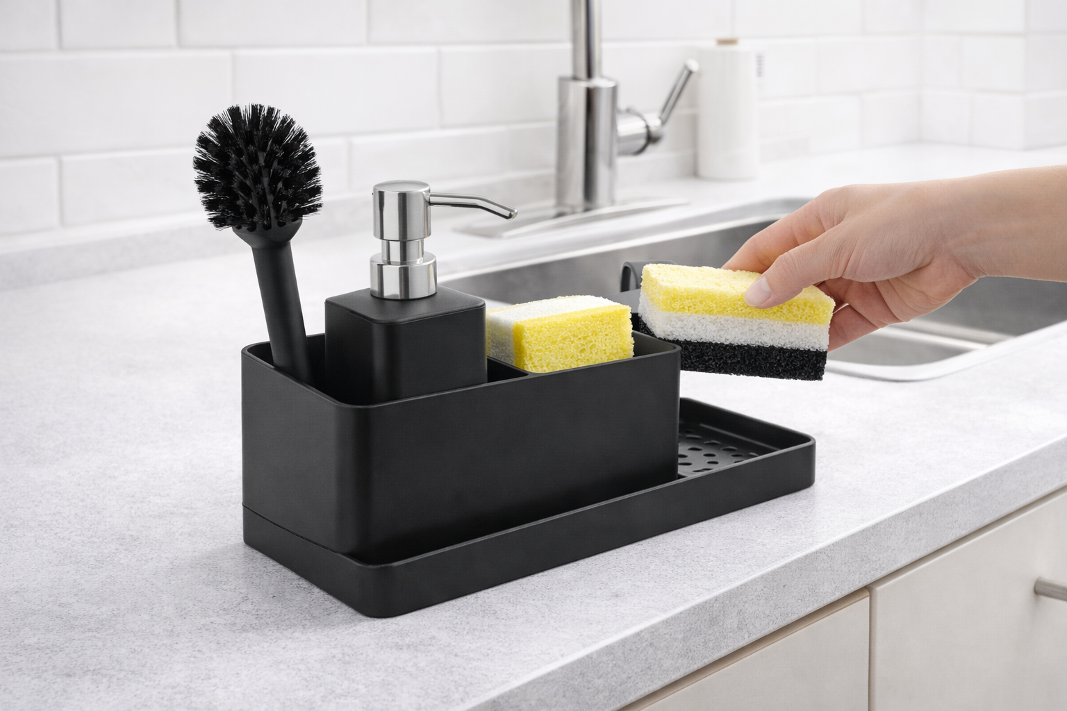 Zwarte Schoonmaakset – Stijlvolle Aanrecht Organizer